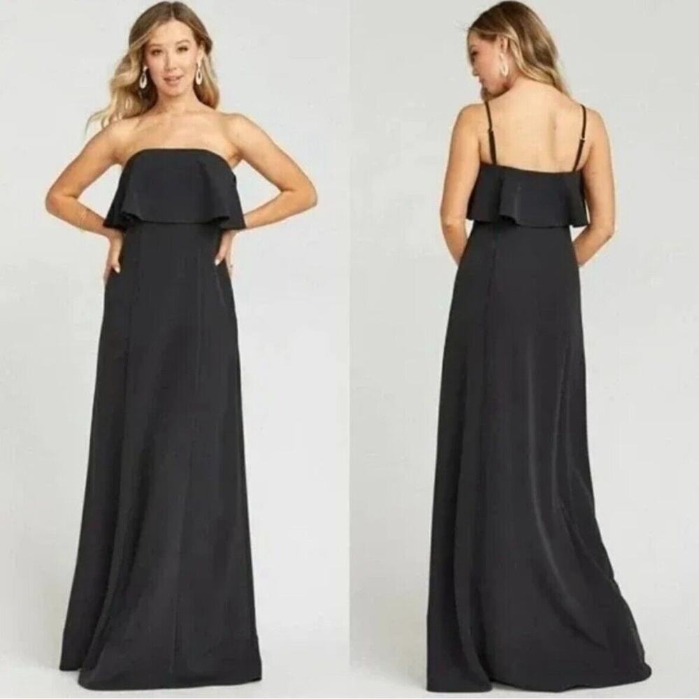 show me your mumu monaco ruffle gown maxi dress black stretch crepe small